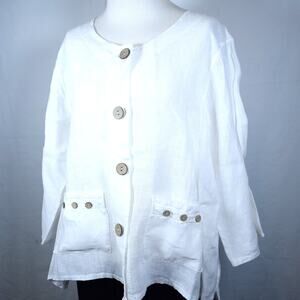 White 100% Linen Oversized Jacket Button up Roll-up Sleeves Made in Italy Sz M